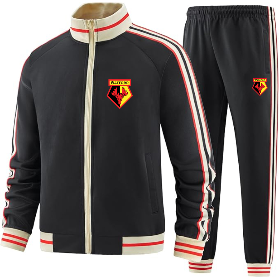 Men's Watford Soccer  Tracksuit with Bold Striped Accents and Zippered Front